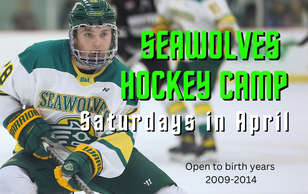 player on ice with text reading Seawolves Hockey Camp on Saturdays in April.